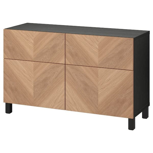 BESTÅ - Storage combination w doors/drawers, black-brown/Hedeviken/Stubbarp oak veneer, 120x42x74 cm