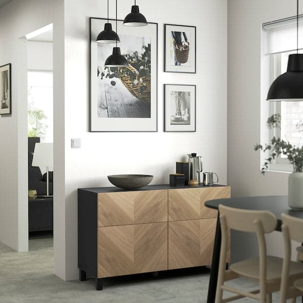 Ikea BESTÅ - Storage combination w doors/drawers, black-brown/Hedeviken/Stubbarp oak veneer, 120x42x74 cm