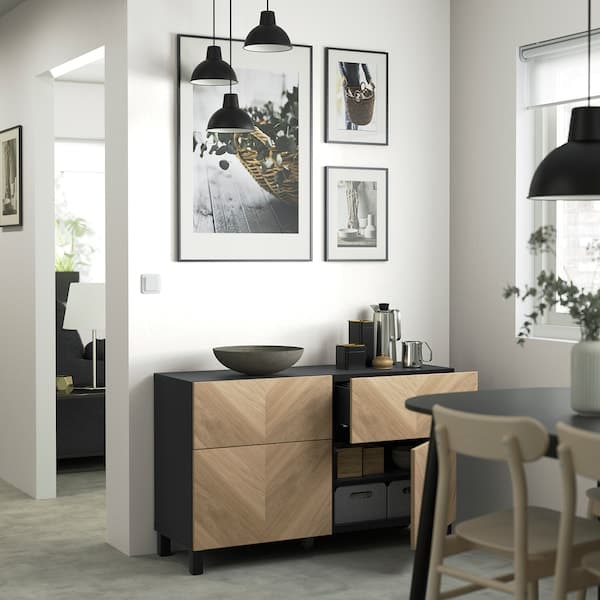 Ikea BESTÅ - Storage combination w doors/drawers, black-brown/Hedeviken/Stubbarp oak veneer, 120x42x74 cm
