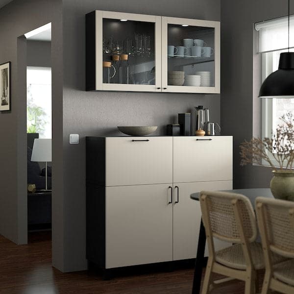 Ikea BESTÅ - Storage combination w doors/drawers, black-brown Lappviken/Stubbarp/light grey-beige clear glass, 120x42x213 cm