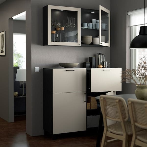 Ikea BESTÅ - Storage combination w doors/drawers, black-brown Lappviken/Stubbarp/light grey-beige clear glass, 120x42x213 cm