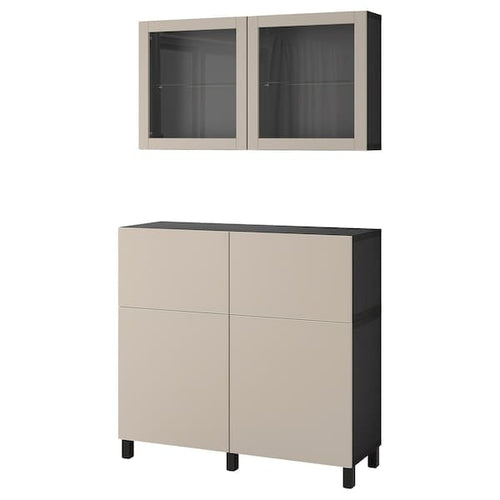 BESTÅ - Storage combination w doors/drawers, black-brown Lappviken/Stubbarp/light grey-beige clear glass, 120x42x213 cm