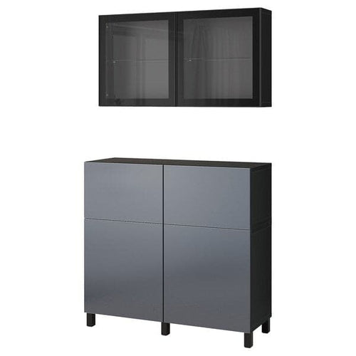 BESTÅ - Storage combination w doors/drawers, black-brown Riksviken/Stubbarp/brushed dark pewter effect clear glass, 120x42x213 cm