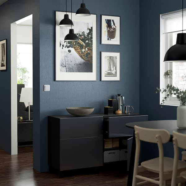 Ikea BESTÅ - Storage combination w doors/drawers, black-brown/Riksviken/Stubbarp brushed dark pewter effect, 120x42x74 cm