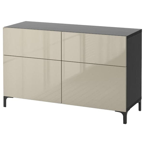 BESTÅ storage combination w doors/drawers, black-brown/Selsviken high-gloss/beige, 120x42x74 cm