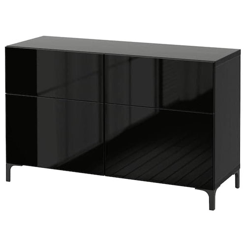 BESTÅ - Storage combination w doors/drawers, black-brown/Selsviken high-gloss/black, 120x40x74 cm