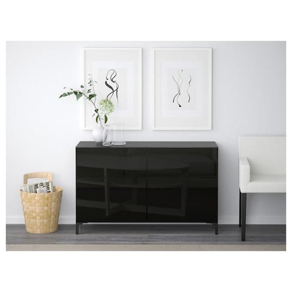 BESTÅ - Storage combination w doors/drawers, black-brown/Selsviken high-gloss/black, 120x40x74 cm - best price from Maltashopper.com 39195271