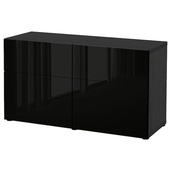 BESTÅ - Storage combination w doors/drawers, black-brown/Selsviken high-gloss/black, 120x42x65 cm - best price from Maltashopper.com 89324685
