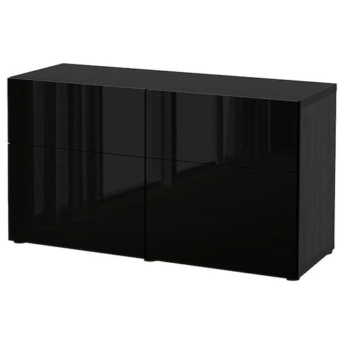 BESTÅ - Storage combination w doors/drawers, black-brown/Selsviken high-gloss/black, 120x42x65 cm