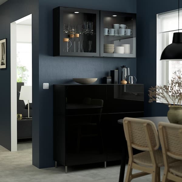 BESTÅ - Storage combination w doors/drawers, black-brown/Selsviken/Ösarp high-gloss/black clear glass, 120x42x213 cm - best price from Maltashopper.com 09436050