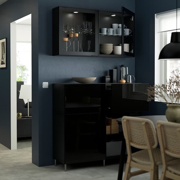 Ikea BESTÅ - Storage combination w doors/drawers, black-brown/Selsviken/Ösarp high-gloss/black clear glass, 120x42x213 cm