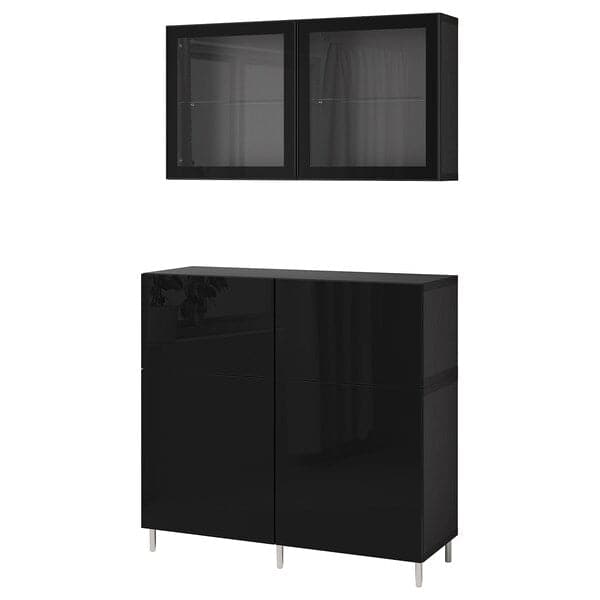 BESTÅ - Storage combination w doors/drawers, black-brown/Selsviken/Ösarp high-gloss/black clear glass, 120x42x213 cm - best price from Maltashopper.com 39431305
