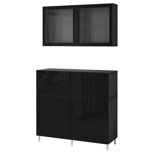 BESTÅ storage combination w doors/drawers, black-brown/Selsviken/Ösarp high-gloss/black clear glass, 120x42x213 cm