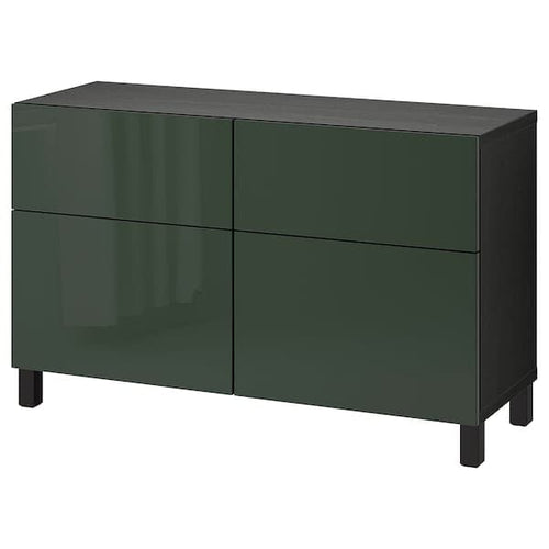 BESTÅ - Storage combination w doors/drawers, black-brown Selsviken/Stubbarp/high-gloss dark olive-green, 120x42x74 cm