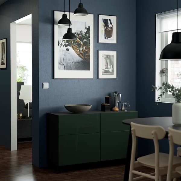 BESTÅ - Storage combination w doors/drawers, black-brown Selsviken/Stubbarp/high-gloss dark olive-green, 120x42x74 cm - best price from Maltashopper.com 99440236