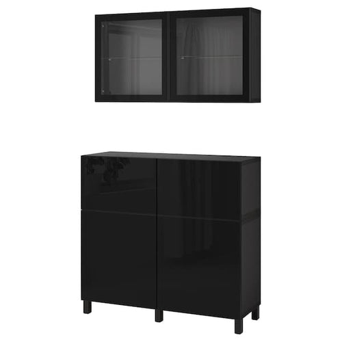 BESTÅ - Storage combination w doors/drawers, black-brown/Selsviken/Stubbarp high-gloss/black clear glass, 120x42x213 cm