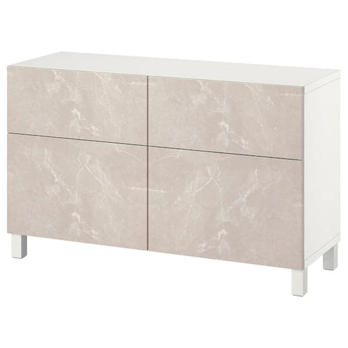 BESTÅ storage combination w doors/drawers, white Bergsviken/Stubbarp/beige marble effect, 120x42x74 cm
