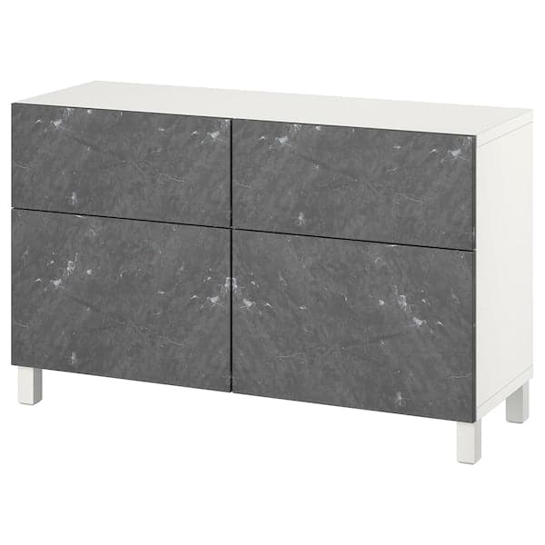 BESTÅ - Storage combination w doors/drawers, white Bergsviken/Stubbarp/black marble effect, 120x42x74 cm - best price from Maltashopper.com 79421535