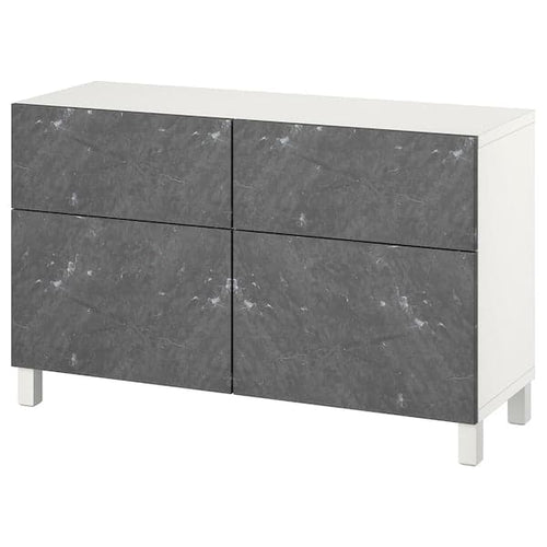BESTÅ - Storage combination w doors/drawers, white Bergsviken/Stubbarp/black marble effect, 120x42x74 cm