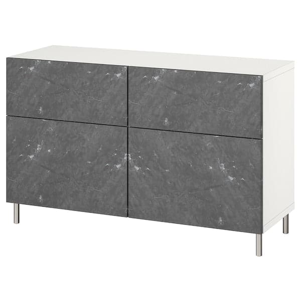 BESTÅ - Storage combination w doors/drawers, white Bergsviken/Ösarp/black marble effect, 120x42x74 cm - best price from Maltashopper.com 29440249
