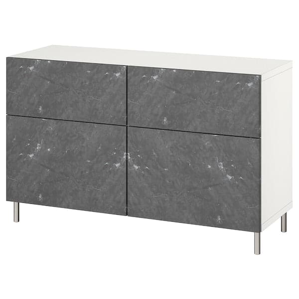 Ikea BESTÅ - Storage combination w doors/drawers, white Bergsviken/Ösarp/black marble effect, 120x42x74 cm