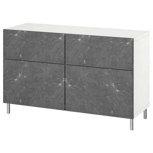 BESTÅ - Storage combination w doors/drawers, white Bergsviken/Ösarp/black marble effect, 120x42x74 cm