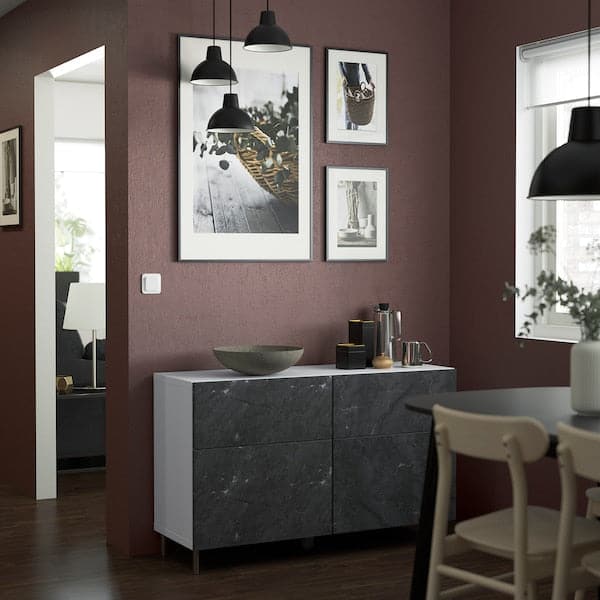 Ikea BESTÅ - Storage combination w doors/drawers, white Bergsviken/Ösarp/black marble effect, 120x42x74 cm