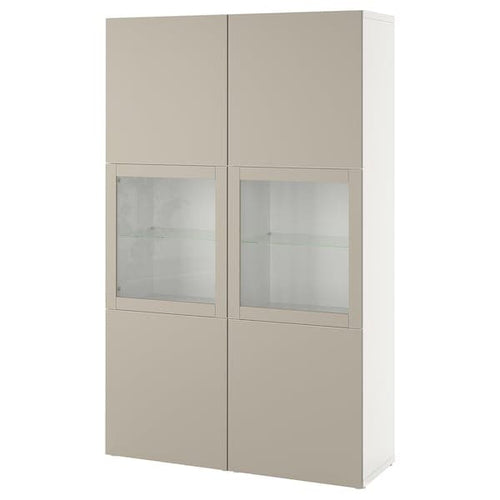 BESTÅ - Storage combination w glass doors, white Lappviken/light grey-beige clear glass, 120x42x193 cm