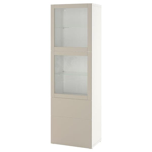 BESTÅ - Storage combination w glass doors, white Lappviken/light grey-beige clear glass, 60x42x193 cm