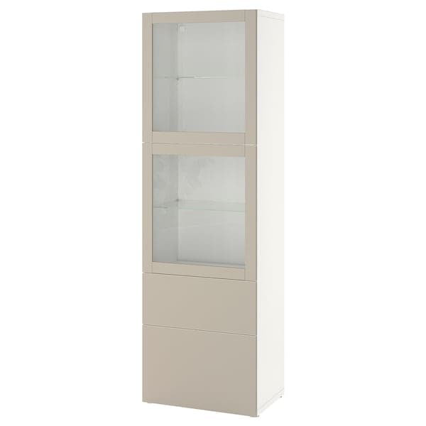 BESTÅ - Storage combination w glass doors, white Lappviken/light grey-beige clear glass, 60x42x193 cm