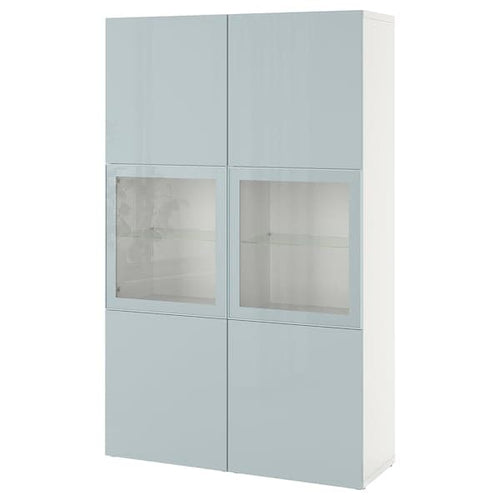 BESTÅ - Storage combination w glass doors, white Selsviken/high-gloss light grey-blue, 120x42x193 cm