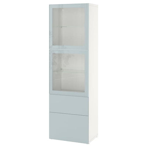 BESTÅ - Storage combination w glass doors, white Selsviken/high-gloss light grey-blue, 60x42x193 cm