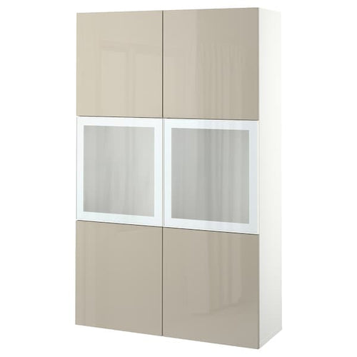 BESTÅ - Combination with glass doors, white / Selsviken high-gloss / beige frosted glass, 120x42x193 cm