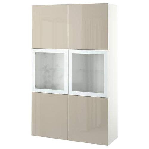 BESTÅ - Combination with glass doors, white / Selsviken high-gloss / beige clear glass, 120x42x193 cm ,