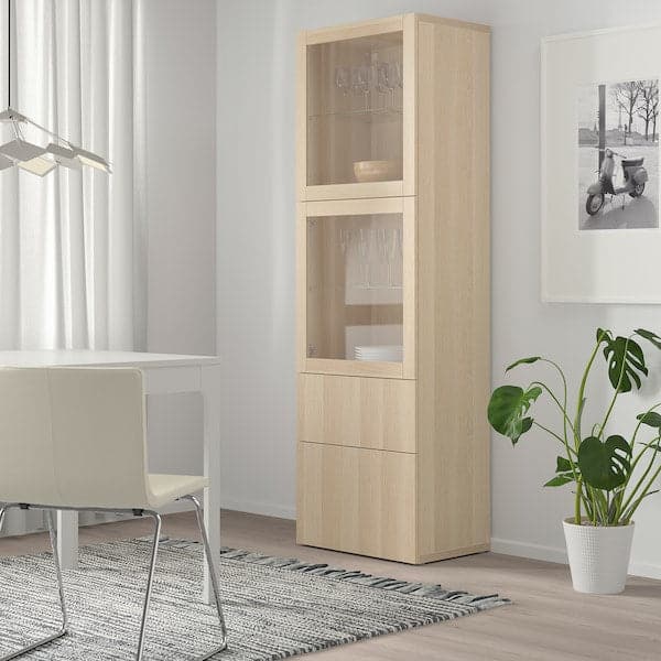 Ikea BESTÅ - Storage combination w glass doors, white stained oak effect/Lappviken white stained oak eff clear glass, 60x42x193 cm