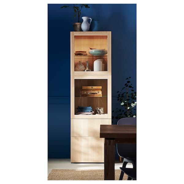 Ikea BESTÅ - Storage combination w glass doors, white stained oak effect/Lappviken white stained oak eff clear glass, 60x42x193 cm