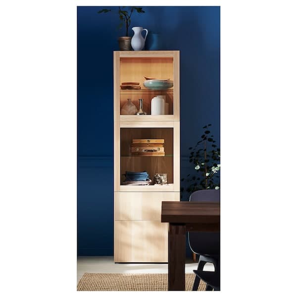 BESTÅ - Storage combination w glass doors, white stained oak effect/Lappviken white stained oak eff clear glass, 60x42x193 cm - best price from Maltashopper.com 59300860