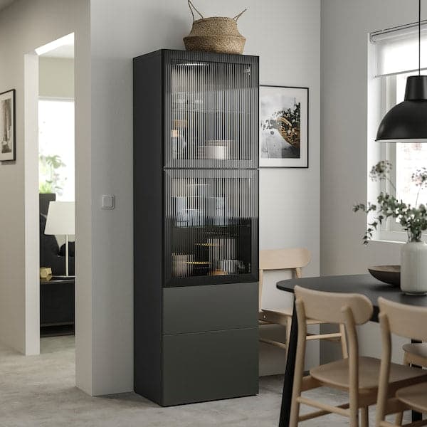 BESTÅ - Storage combination w glass doors, dark grey Lappviken/Fällsvik anthracite, 60x42x193 cm - best price from Maltashopper.com 09508136