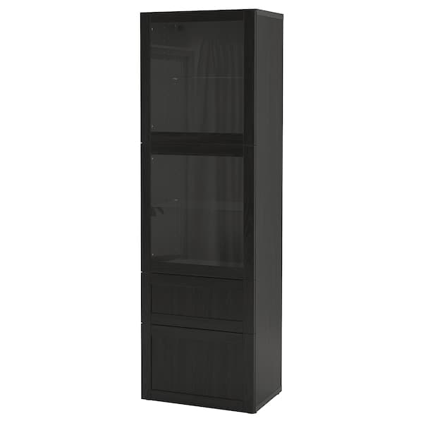 BESTÅ Combination with glass doors - brown-black/Hanviken transparent brown-black glass 60x42x193 cm - best price from Maltashopper.com 49300870