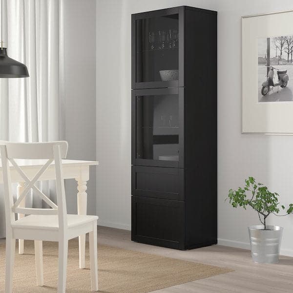 BESTÅ Combination with glass doors - brown-black/Hanviken transparent brown-black glass 60x42x193 cm - best price from Maltashopper.com 49300870