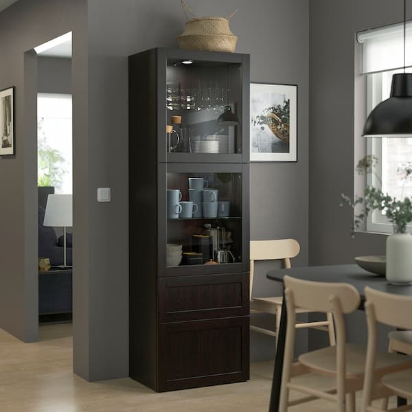 BESTÅ Combination with glass doors - brown-black/Hanviken transparent brown-black glass 60x42x193 cm - best price from Maltashopper.com 49300870