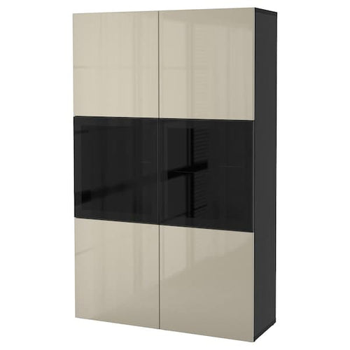 BESTÅ Combination with glass doors - brown-black/Glossy Selsviken/transparent beige glass 120x42x193 cm , 120x42x193 cm
