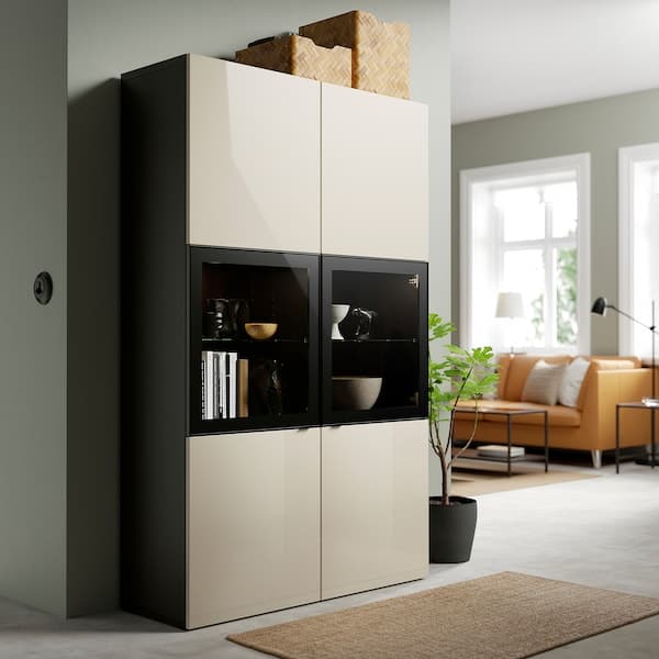 Ikea BESTÅ Combination with glass doors - brown-black/Glossy Selsviken/transparent beige glass 120x42x193 cm , 120x42x193 cm