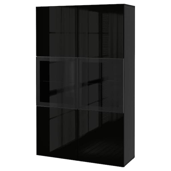 BESTÅ - Storage combination w glass doors, black-brown/Selsviken high-gloss/black clear glass, 120x42x193 cm - best price from Maltashopper.com 59059461