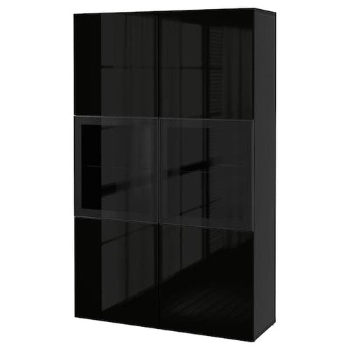 BESTÅ - Storage combination w glass doors, black-brown/Selsviken high-gloss/black clear glass, 120x42x193 cm