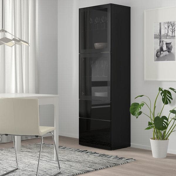 BESTÅ - Storage combination w glass doors, black-brown/Selsviken high-gloss/black clear glass, 60x42x193 cm - best price from Maltashopper.com 69301109