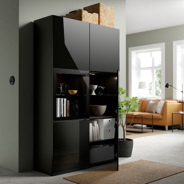 BESTÅ - Storage combination w glass doors, black-brown/Selsviken high-gloss/black clear glass, 120x42x193 cm - best price from Maltashopper.com 59059461