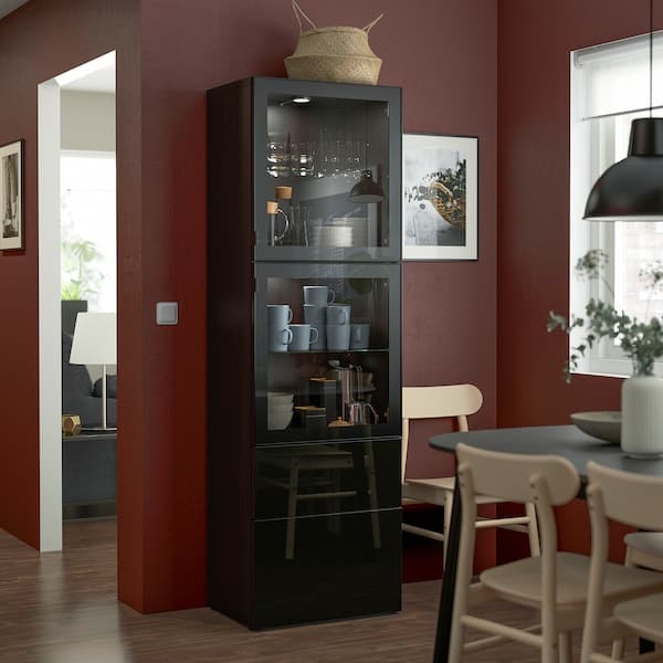 BESTÅ - Storage combination w glass doors, black-brown/Selsviken high-gloss/black clear glass, 60x42x193 cm - best price from Maltashopper.com 69301109