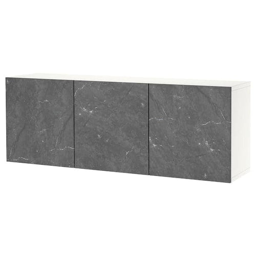 BESTÅ - Wall-mounted cabinet combination, white Bergsviken/black marble effect, 180x42x64 cm