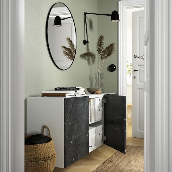 Ikea BESTÅ - Wall-mounted cabinet combination, white Bergsviken/black marble effect, 180x42x64 cm